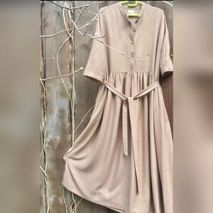 Flowy Oversized Short Sleeve Maxi Dress with Waist Tie in Taupe